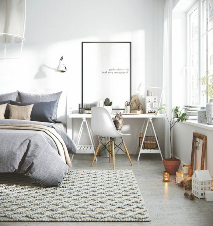alfombra-gris-cama-pequeña-lampara-estilo-escandinavo