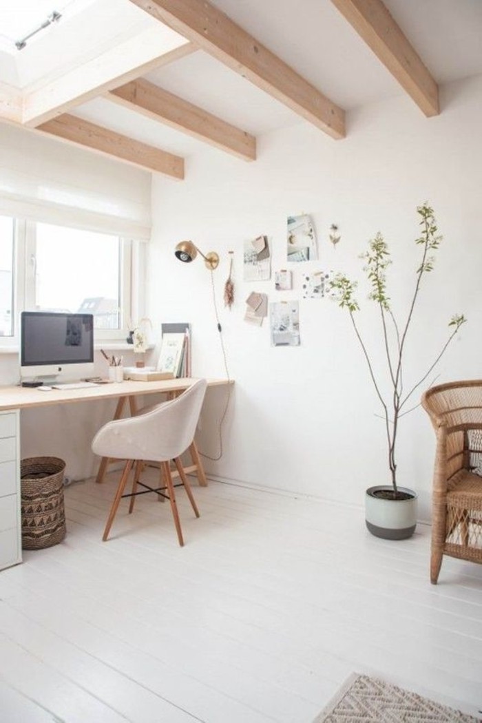 techo-de-madera-oficina-en-casa-decoración-nordica-habitacion-en-blanco
