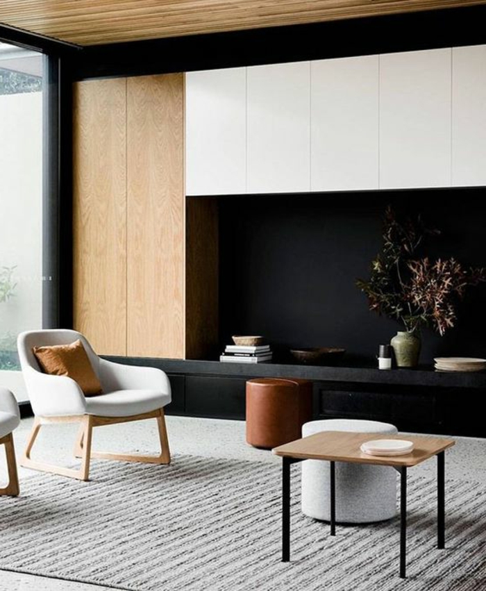 casas-minimalistas-tonos-fríos-muebles-de-madera-taburetes-pequeña-mesa-ventanas-francesas