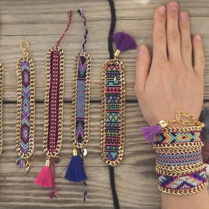 cómo-hacer-pulseras-de-hilo-multicolores-metal-borlas-diseño-tribal