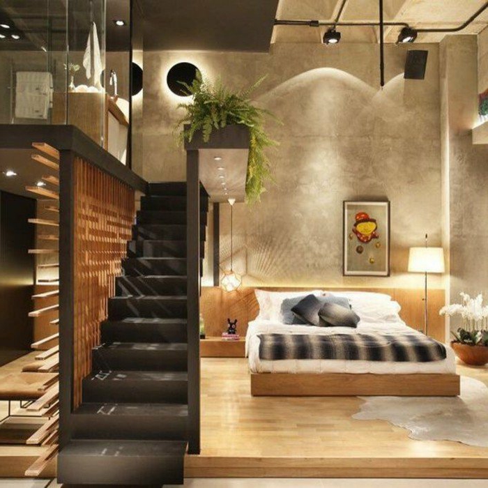 decoracion-de-dormitorios-cama-de-madera-plantas-cojines-estilo-moderno