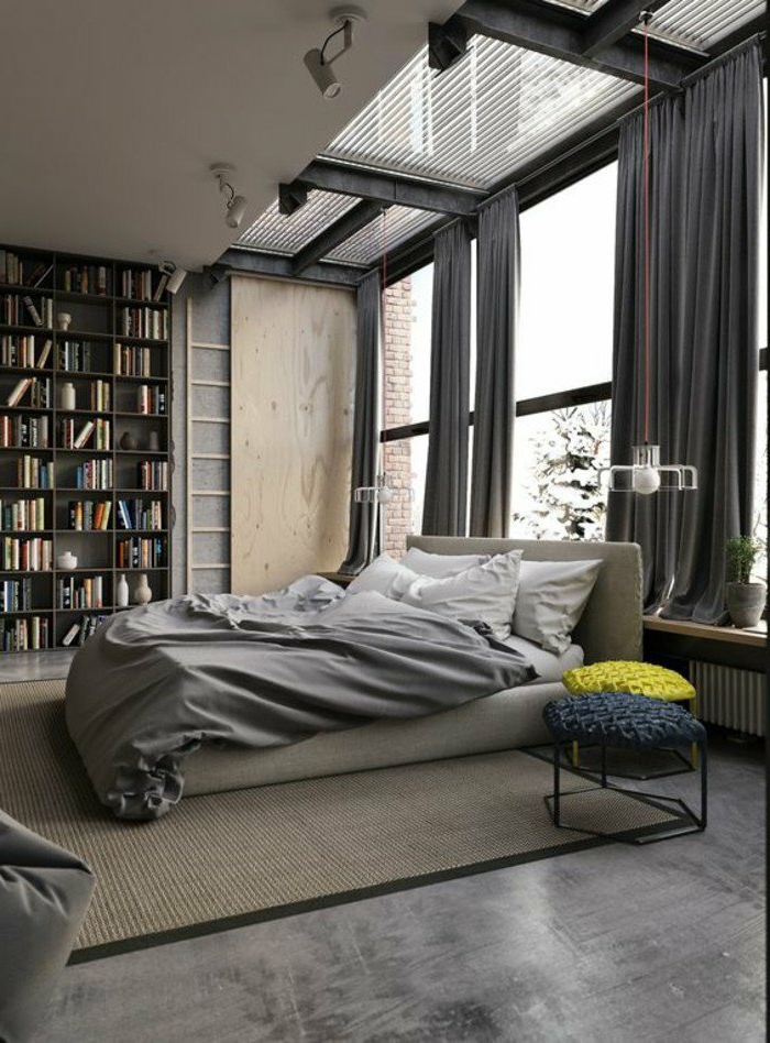 decoraciоn-de-dormitorios-estilo-moderno-tonos-grises-taburetes-de-diseño-ventanas-grandes