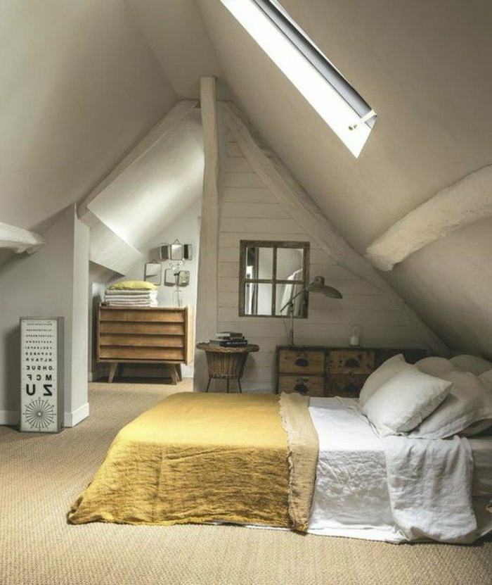 decoracion-de-dormitorios-estilo-rústico-manta-amarilla-paredes-blancos-techo-inclinado
