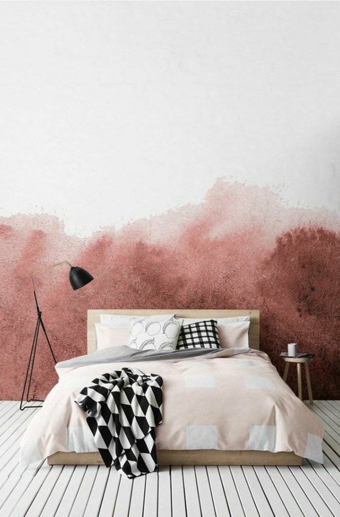 decoraciоn-de-dormitorios-pared-en-blanco-y-rojo-cama-de-madera-colcha-rosa