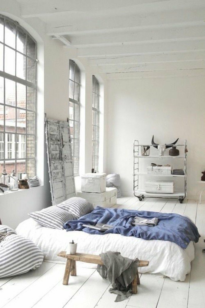 decoración-de-dormitorios-paredes-blancas-estilo-moderno-manta-azul