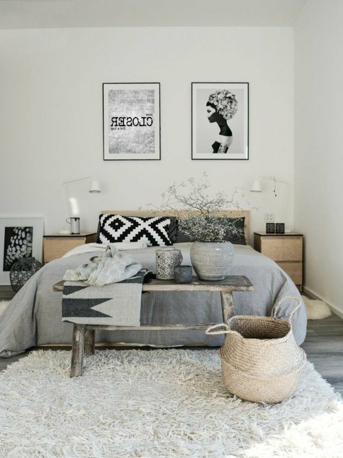 decoración-de-dormitorios-tonos-grises-cojines-decorativos-cesta-tejida-fotos-en-blanco-y-negro