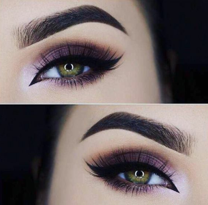 ojos-ahumados-mujer-con-ojos-verdes-maquillaje-tonos-violetas-lápiz-de-ojos-negro