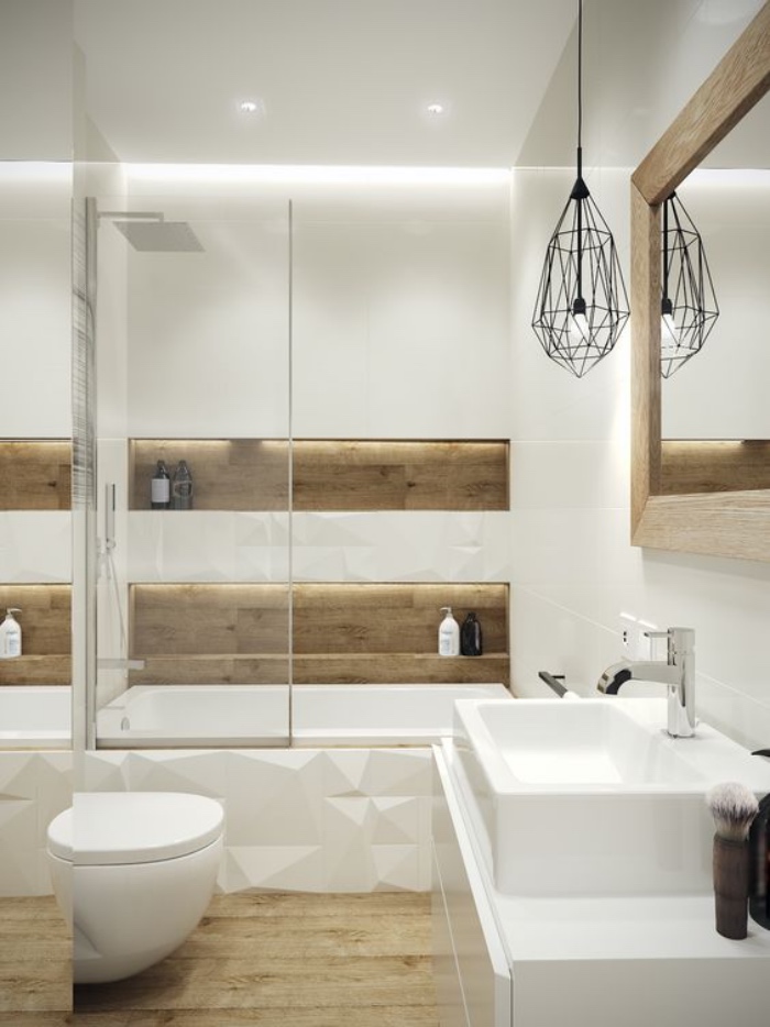 cuartos de baño modernos, elementos de madera, bañera, cuarto de baño pequeño, blanco