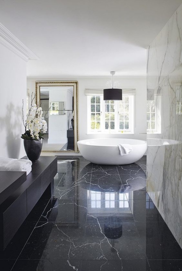 cuartos de baño modernos, suelo de mármol negro, estilo modernista, cuarto de baño enorme, bañera redonda