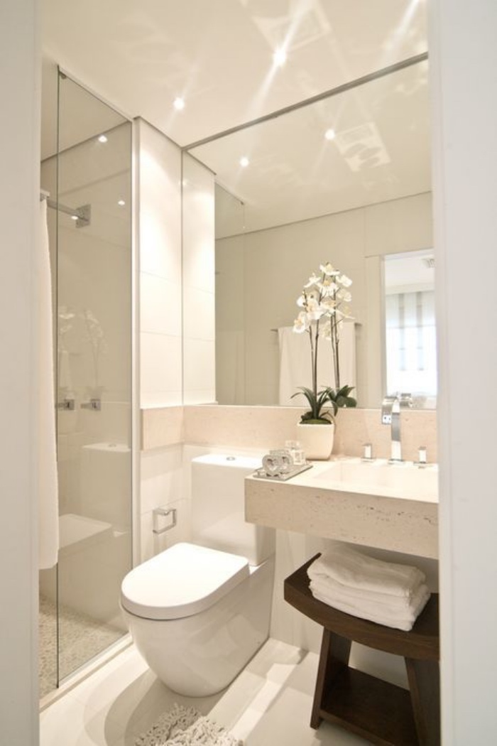 cuartos de baño pequeños, tonos claros, flores, espejo grande, estilo modernista