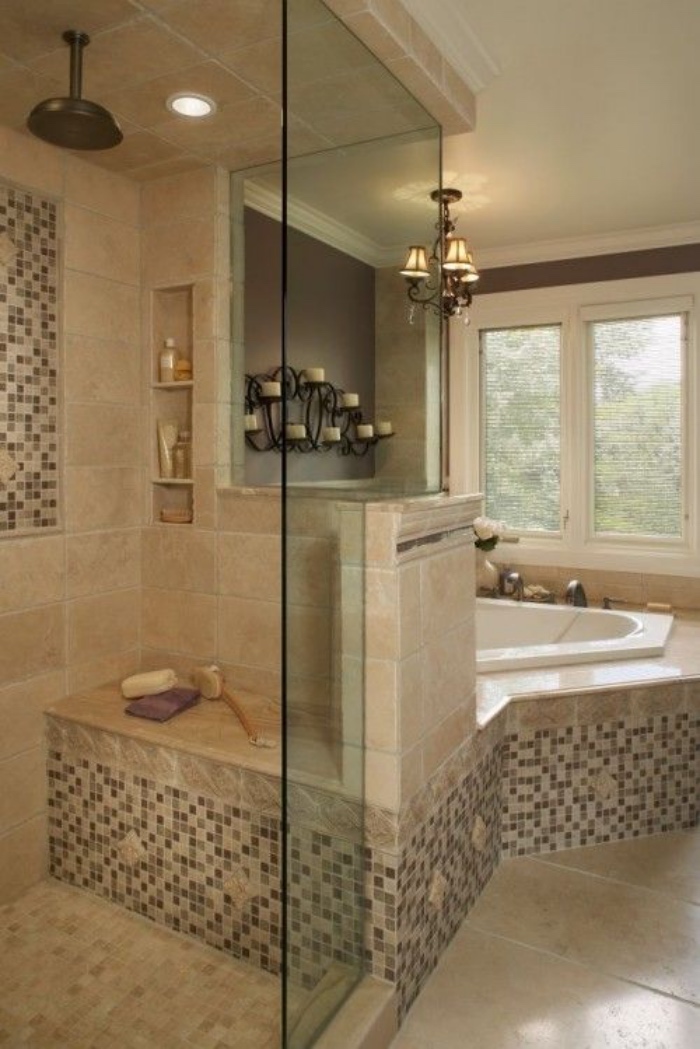 cuartos de baño pequeños, tonos claros, decoración bonita, mosaico, bañera, estilo modernista