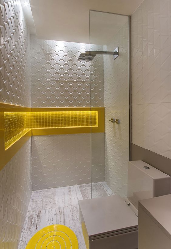 decoración baños, estilo modernista, blanco, amarillo, cuarto pequeño, ducha