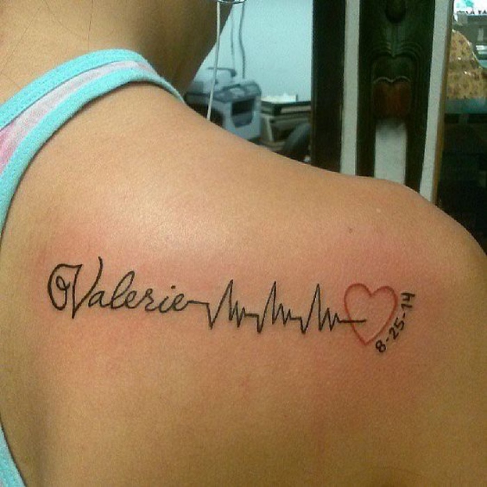 tatuajes de nombres, Valerie, corazón, fecha importante, ritmo del corazón. tatuaje sentimental