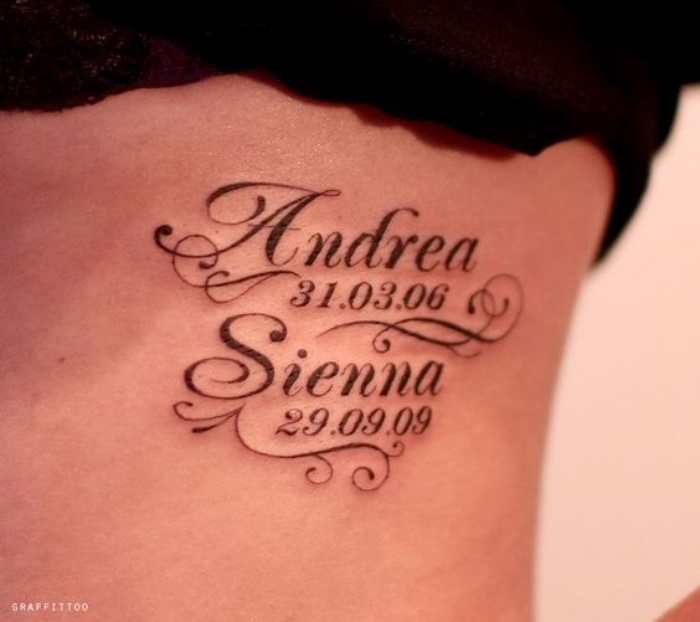 tatuajes de nombres, dos nombres importantes con fechas importantes, tatuaje importante
