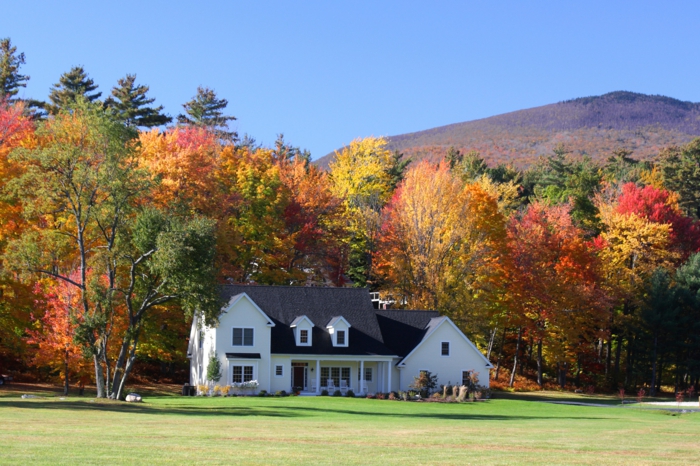 casas rurales barats, casa en blanco y marrón, bosque en colores de otoño