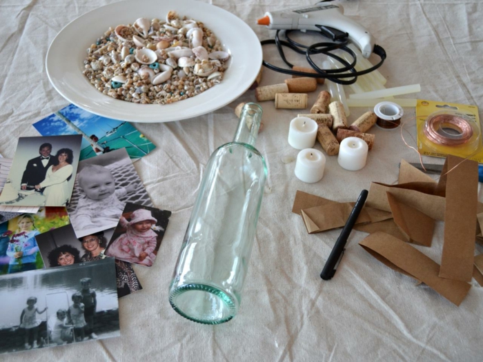 materiales para decoracion con fotos en botellas de vidrio, candelas, carton, conchas
