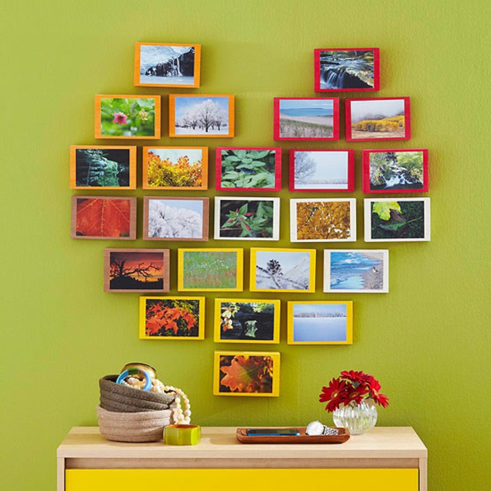 decoracion de pared multicolor, fotos de naturaleza sobre madera