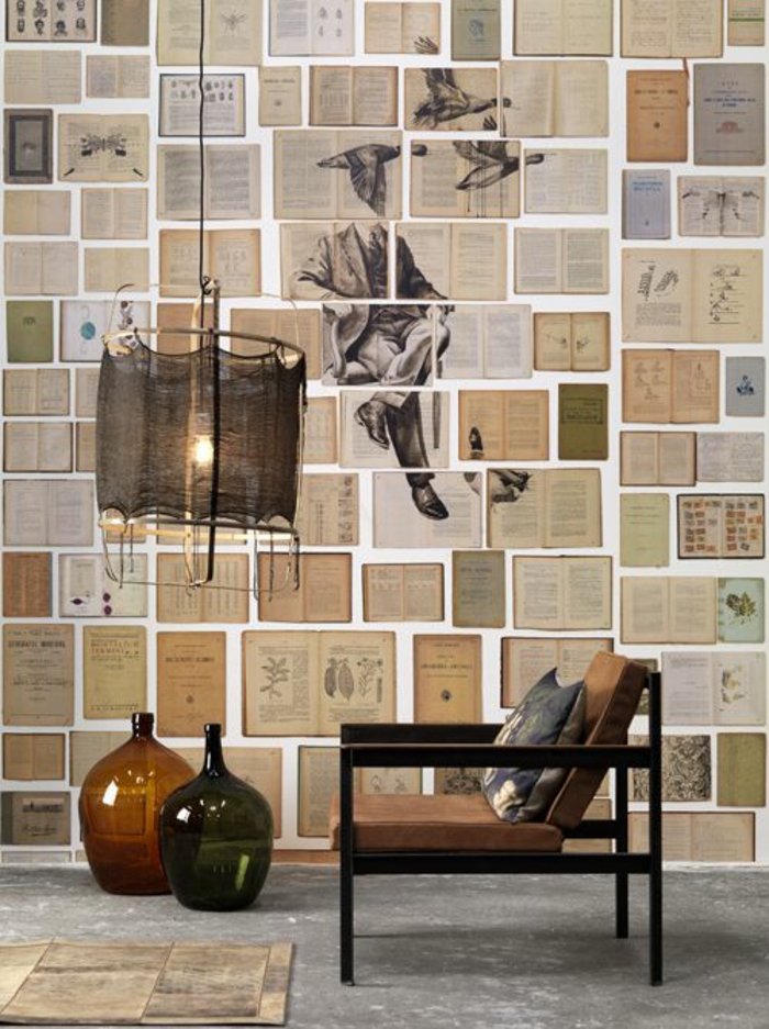 decoracion paredes salon, collage de paginas de enciclopedia, figura de un hombre sentado, pajaros