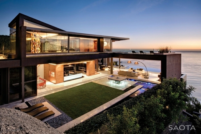 diseñar casas, villa en la costa, dos pisos, piscina, paredes de vidrio