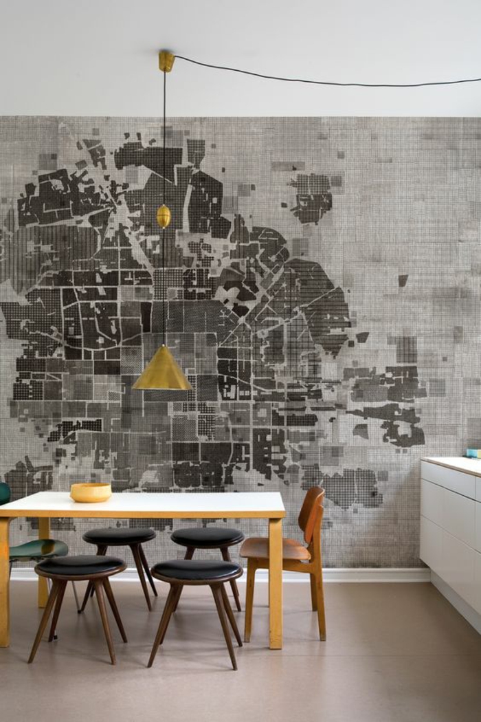 ideas decoracion, decoración de pared con tapiz en estilo industrial de color gris
