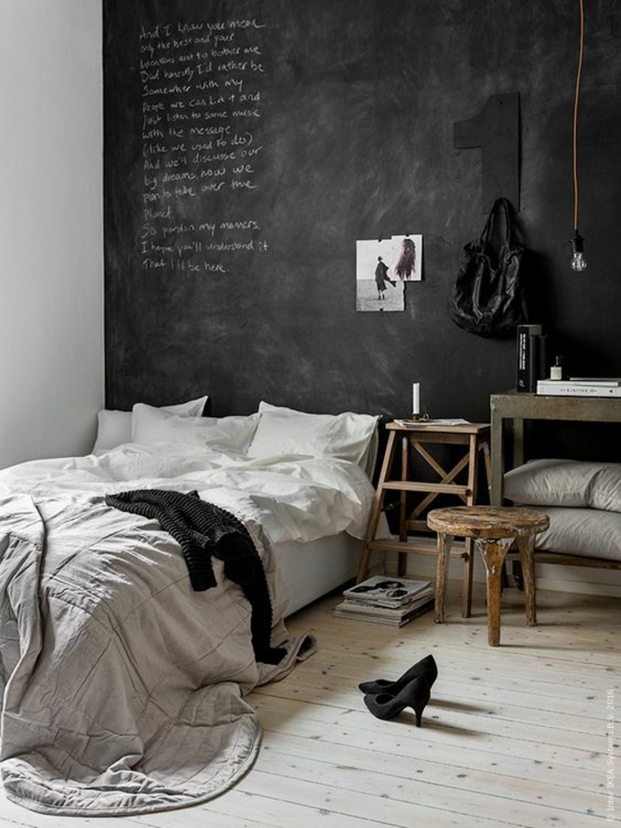 ideas para decorar, decoracion de pared en dormitorio, pizarra negra