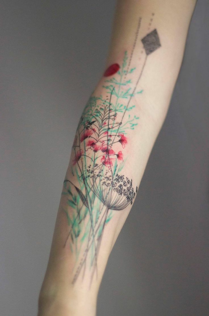 tatuajes en el antebrazo, tatuaje en verde y rojo con flores y hojas