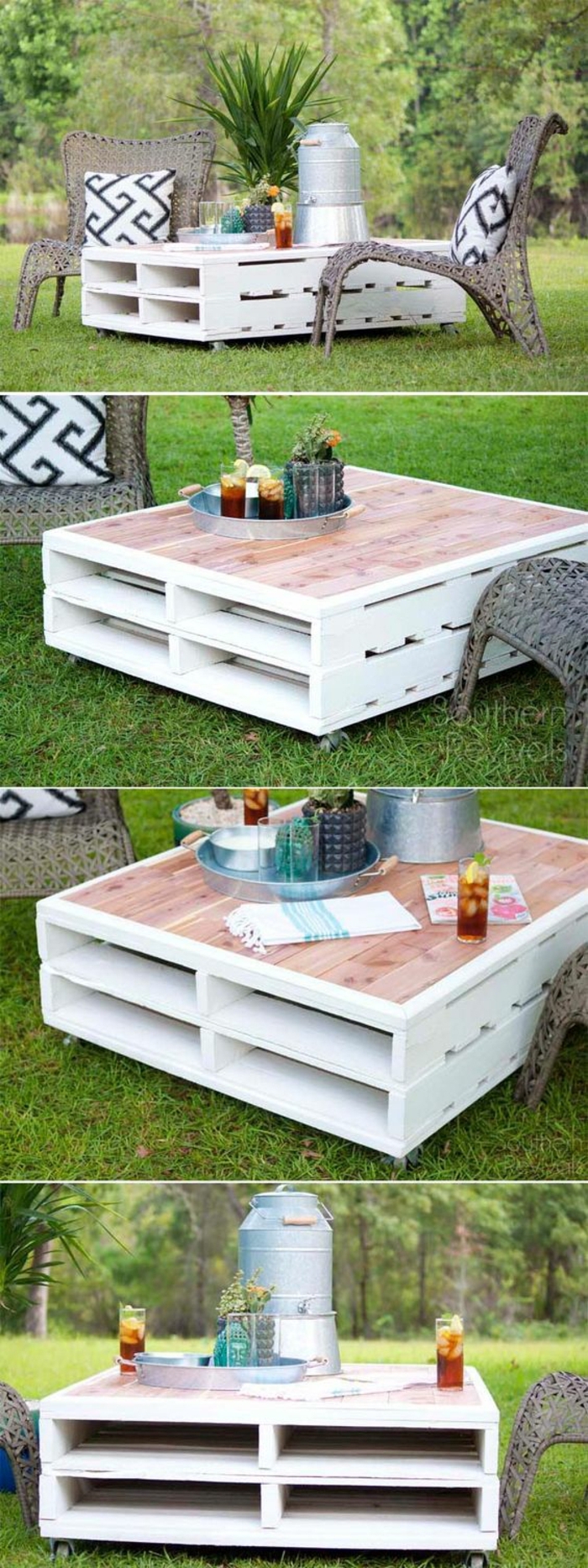 muebles con cajas de fruta, mesa de jardín con madera reciclada en blanco y rosa, sillas de rattan con cojines