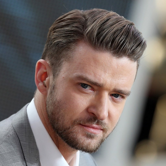 peinados hombre, Justin Timberlake, corte un poco degradado, pelo castaño claro con barba ligera