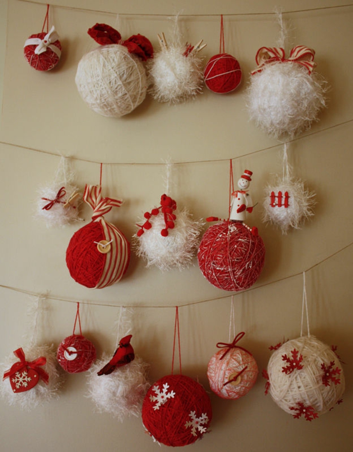 manualidades navidad, bolas envueltas de hilo, adornos en blanco y rojo 