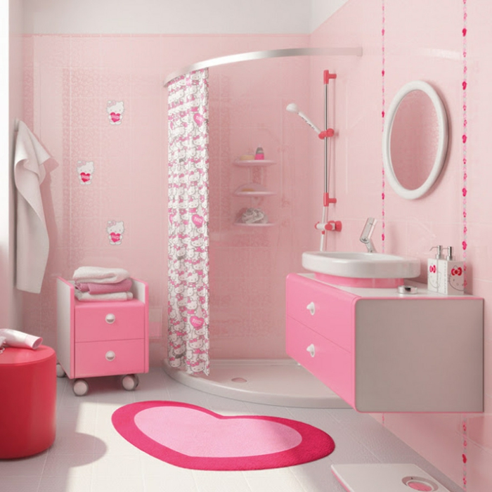 decoracion baños, baño infantil, todo en color rosa, cortina con estampas