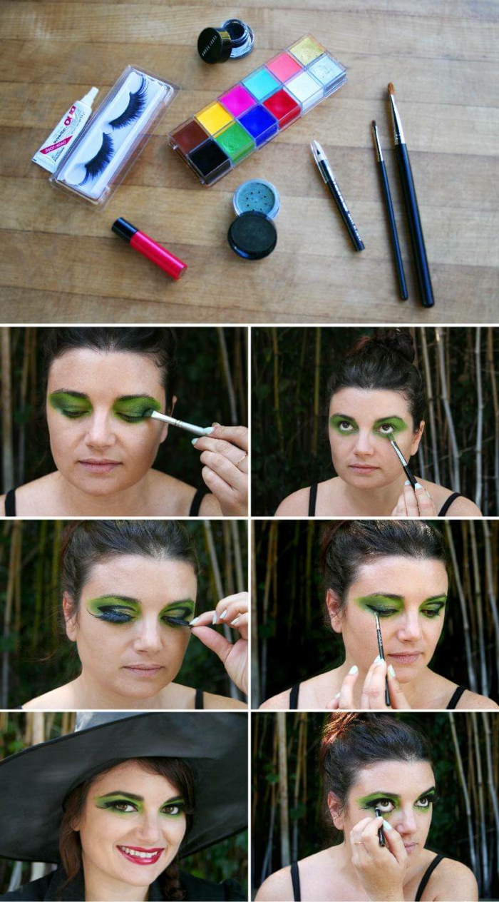 maquillaje de bruja, materiales y instrucciones para maquillarte de bruja, ojos con sombras verdes y pestañas postizas en negro