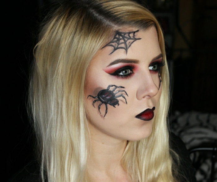maquillaje de bruja, ideas para lucir elegante este halloween, decoración de arañas, maquillaje en rojo
