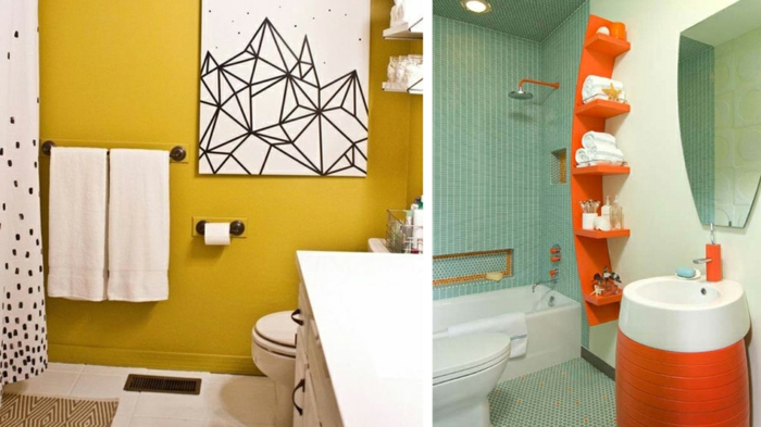 baños pequeños modernos, colores alegres, estantes empotrados, color naranja