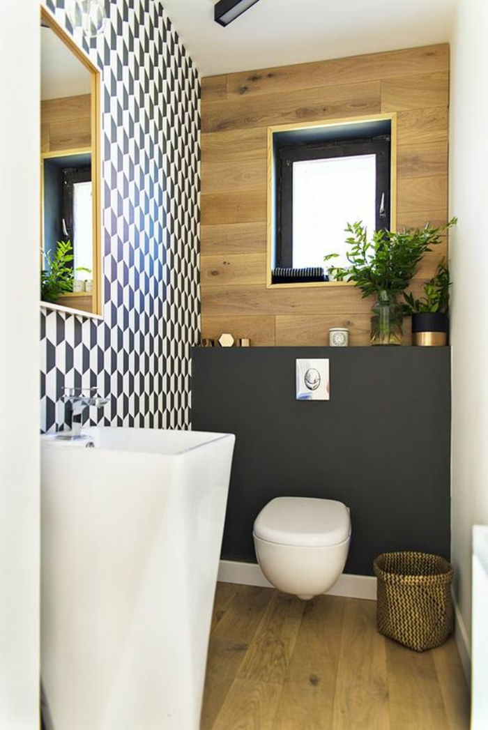 baños pequeños modernos, cubo de basura decorativo, parquet color claro