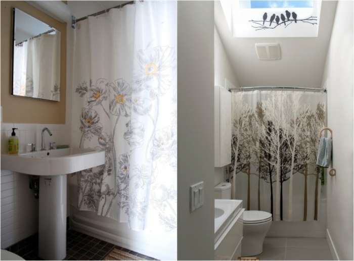baños pequeños, cortinas originales, color blanco, ornamentos florales