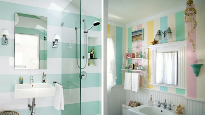 baños pequeños, paredes en rayas, colores pasteles, grandes espejos