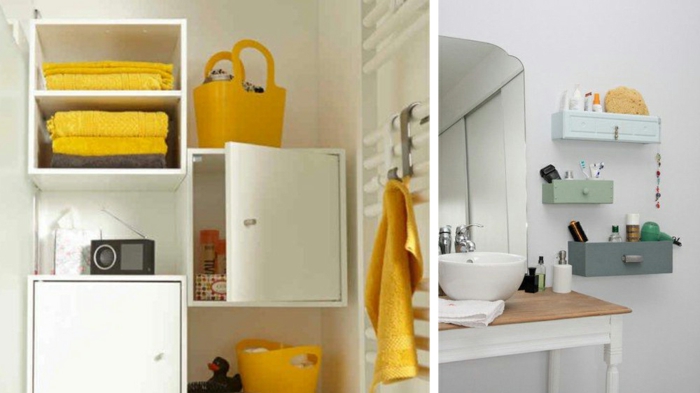 baños pequeños, estantes de madera, color blanco, acento en naranjado