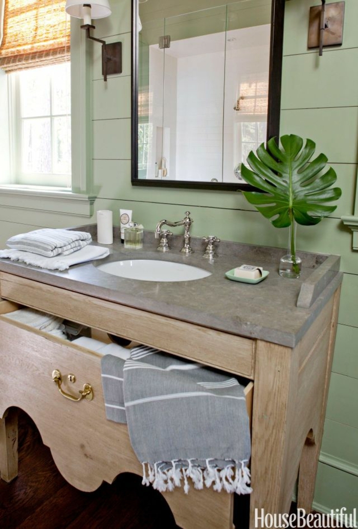 cuartos de baño modernos, lavabo redondeado, color gris, decoración planta