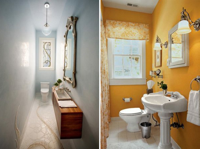 reformas de baño, baños clásicos con detalles, espejo vintage, cortinas color naranja