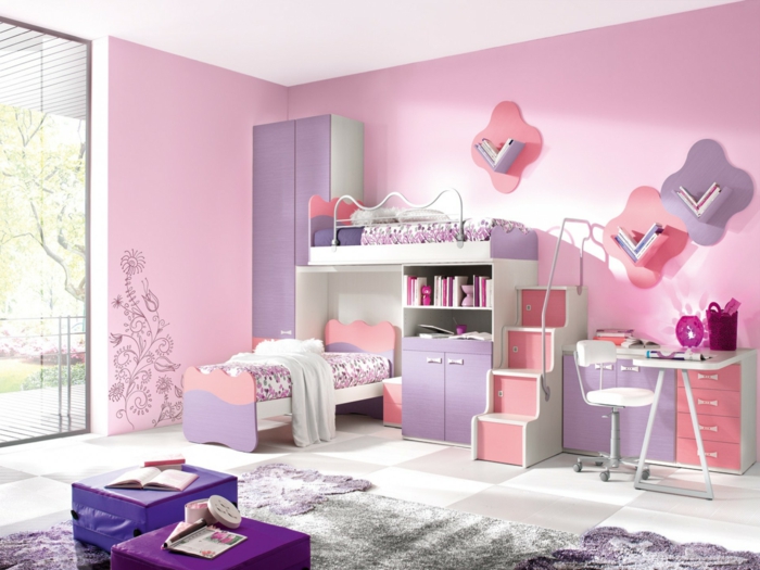 literas juveniles, habitación doble para chica en púrpura y rosado, ventanal y escritorio