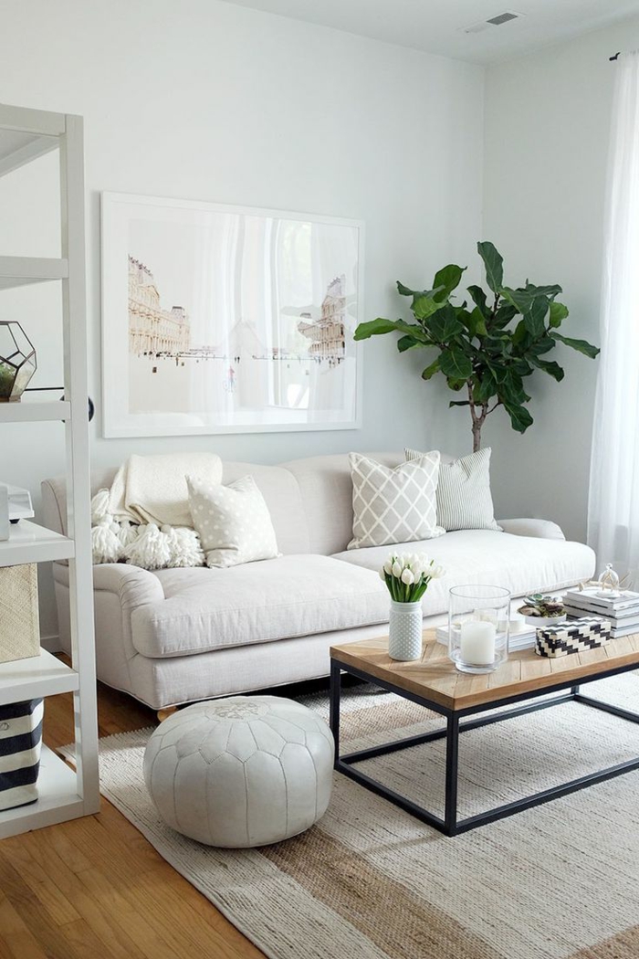 salon, salón pequeño en blanco, mesa rectangular de madea, planbta verde alta y cuadro con paisaje de Paris
