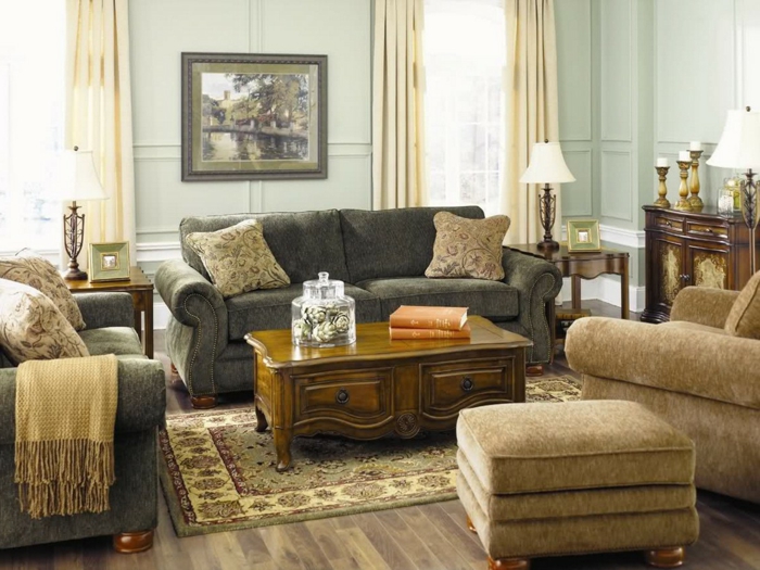 mueble salon, decoracion rustica en beige y verde pastel, mesa de madera y alfombra