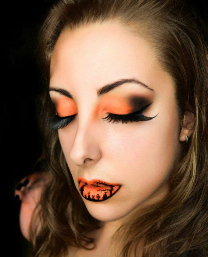 maquillaje de bruja exquisito, combinación de colores negro y color naranja, grandes pestañas postizas curvadas