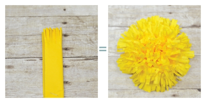 papel crêpe, como cortar papel para obtener flor con rajas amarilla