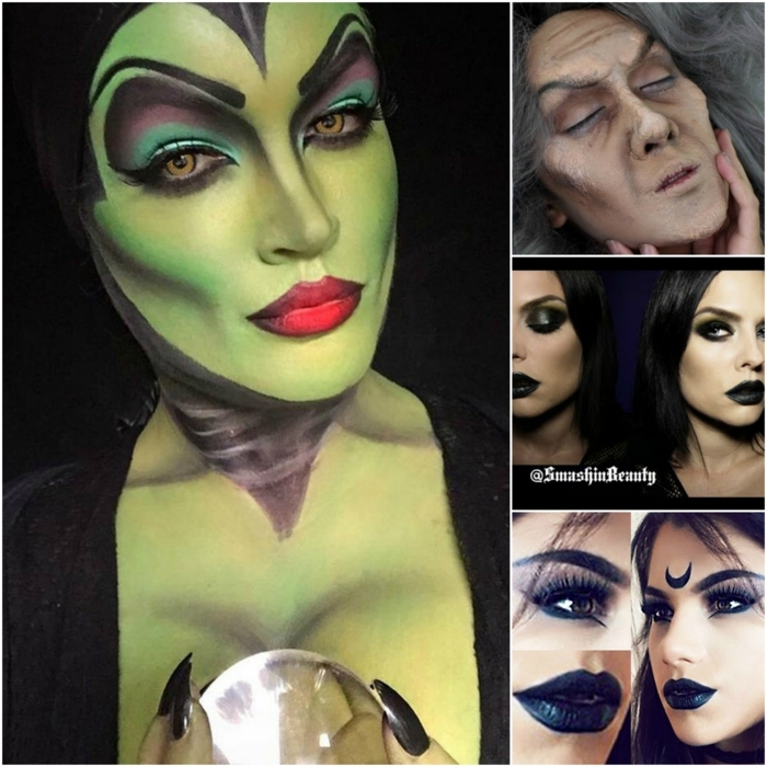 bruja halloween, diversas ideas para las damas, maquillajes fuertes, tonos oscuros, líneas exageradas
