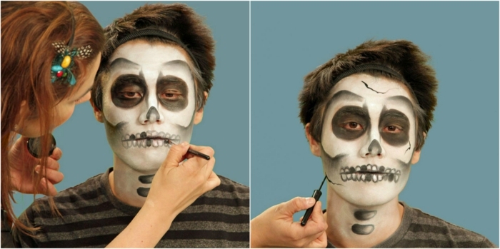 maquillaje para halloween, tutorial para maquillar hombre con cara de calavera