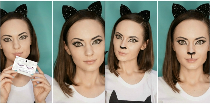maquillaje vampiresa, mujer maquillada como gato con pestañas postizas y nariz negra