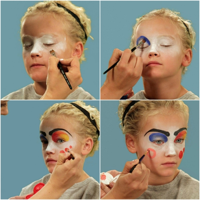 maquillaje vampiresa, tutorial sobre maquillar una niña rubia como payaso
