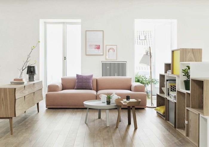 decoracion de salones, salón estilo escandinacvo con sofá en rosado, ventanales, mesas de café redondas y estanterías bajas