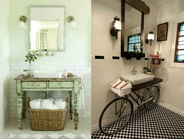 cuartos de baño pequeños, ejemplos de muebles envejecidos, bicicleta decorativa